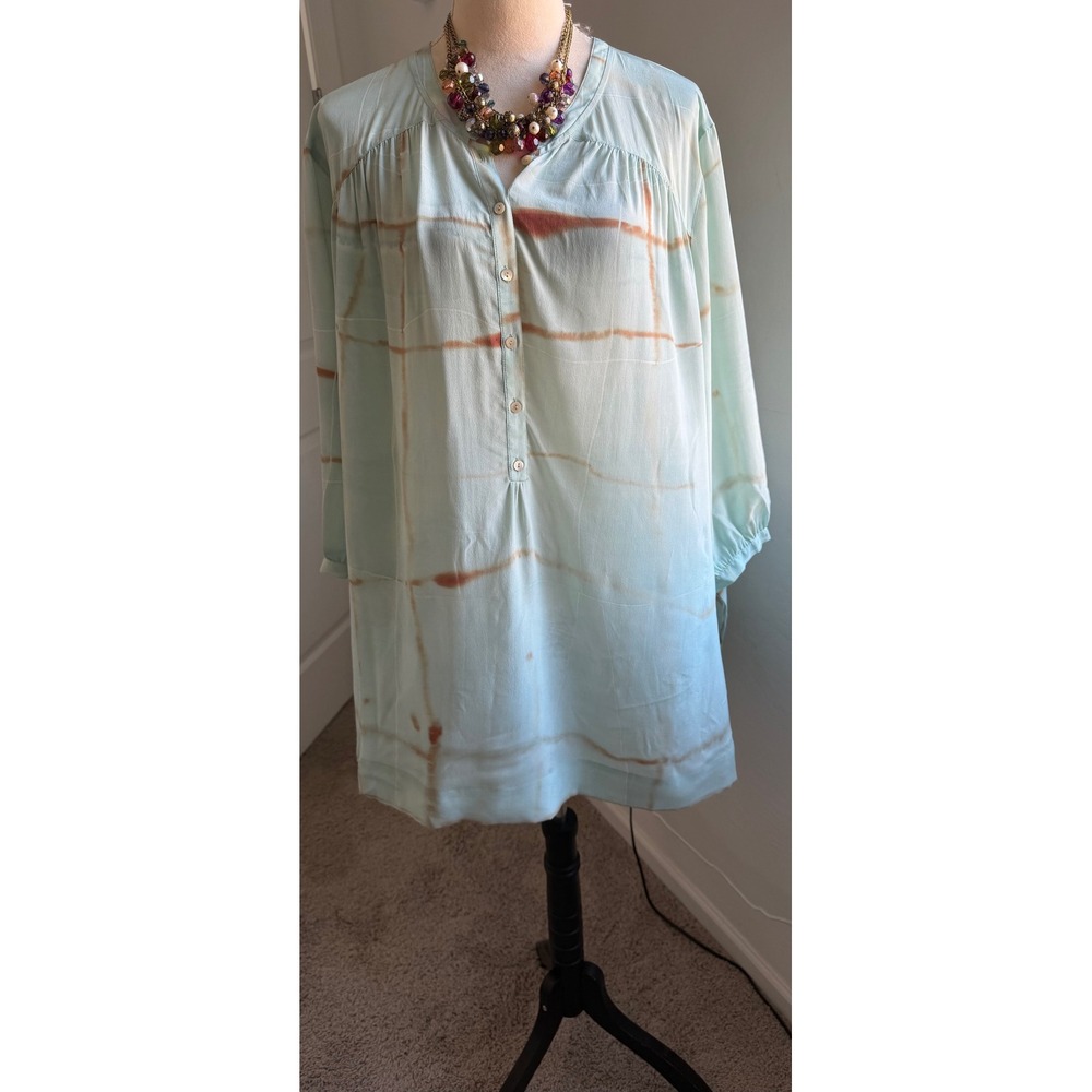 Poetry New Mint Green Silk Abstract Lagenlook Long Sleeve Tunic Shirt Sz 18